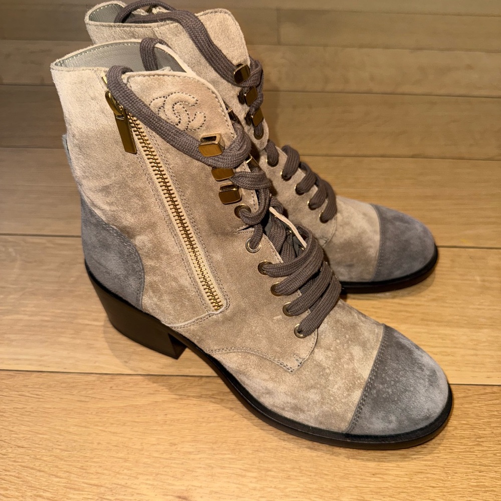 CHANEL Suede Ankle Boots - Gray and Tan